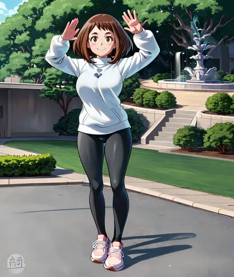 [ochako uraraka], [Boku no hero academia], ((masterpiece)), ((HD)), ((high quality)), ((solo portrait)), ((front view)), ((full body)), ((anime)), ((Kohei Horikoshi)), ((detailed shading)), ((cel shading)), ((intricate details)), {ochako, (rosy cheeks), bi...