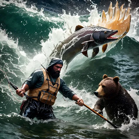 (best quality,alto),A boy fishing for salmon in Alaska, Na margem do rio, um urso gigantesco perseguindo o pescador, Dramatic lighting and intense atmosphere, cores vibrantes, Detailed representation of mans fishing equipment and bear skin, Estilo fotorrea...