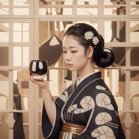 ((hyperrealistic, photorealistic, 8k, intricate details, masterpiece)), there is a woman holding a glass of tea in her hand, japanese art style, in the art style of ukiyo - e, inspired by Itō Shinsui, japanese illustrator, portrait of geisha, tea ceremony ...