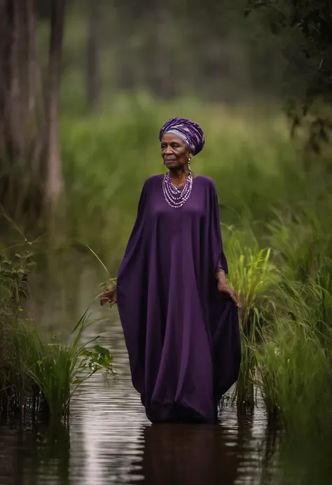 grandma, Deusa africana, senhora, idosa. em vestes roxa escura. whole body standing. in the background in the middle of a swamp in nature. Estilo mito. mistic. poder e magia. uma velha senhora olhando pra frente