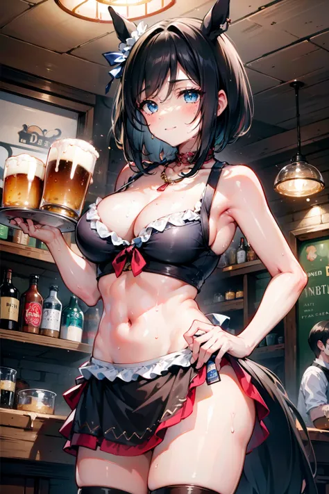 nsfw, masterpiece, 1 girl, intricately detailed, crop top, drindl, pubs, table, crowd, navel, necklace, beer, tavern, inn, pub, crowd, maid skirt, waist apron, short black hair, smiling, extremely detailed, photorealistic, octane render, 8 k, unreal engine...