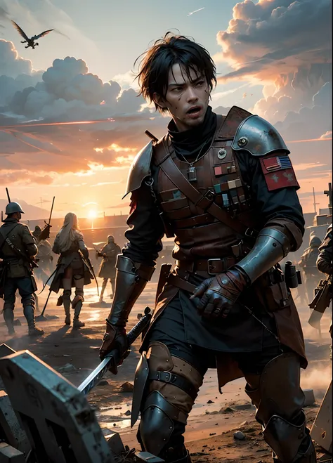 1 male(((Lead the attack )),(Dirty)) , Holding a grave sword in his hands , steps(Battlefied) , Surrounded by the army(many) , Sunset , tension , Dynamic Angle,Dark Fantasy,bloods,