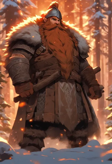 the best quality, very high resolution, 4K detailed CG, masterpiece, Dwarf, Viking dwarf, axe, long beard, serious look, snow, tall trees, blacksmith, Norse mythology, Vikings, beautiful aesthetics, beautiful image, centered on the screen