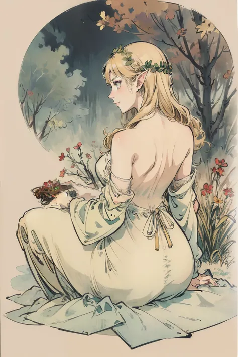 SFW,masutepiece, Best Quality, High resolution, 1girl in, Full body, Details Girl, detail hands, Detail fingers, Detail Face, detail legs, 1girl in, elf, Looking down, Flower Garden, Black sky, smog, watercolor paiting, pale skin, Petite, Blonde hair, Long...