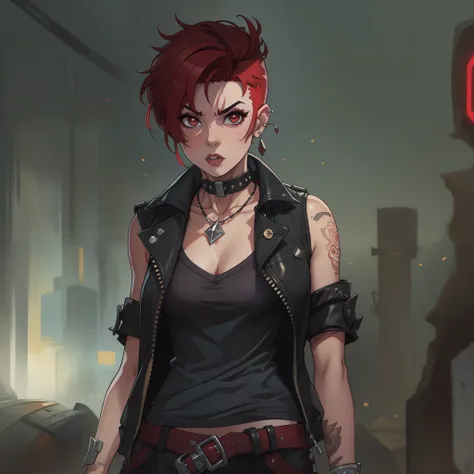 female with short shaved dark red hair, villain, wearing casual punk clothing, has lower lip stud piercings