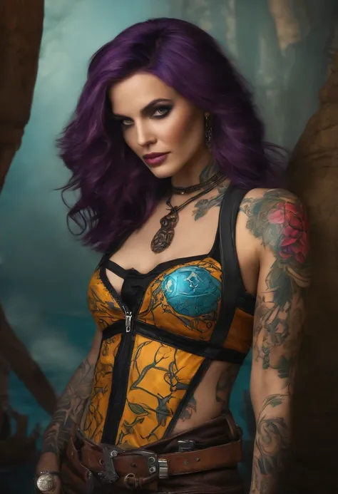 Um personagem estilo borderlands, tatuagem brilhante, siren, casaco, Fundo de Borderlands, longos cabelos brancos