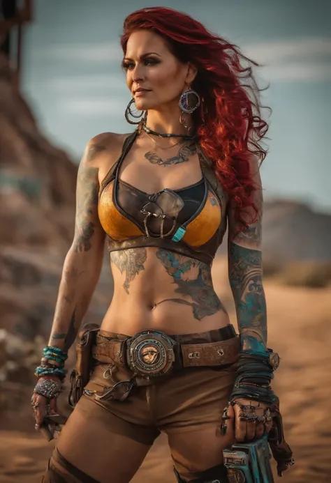 Um personagem estilo borderlands, tatuagem brilhante, siren, casaco, Fundo de Borderlands, longos cabelos brancos