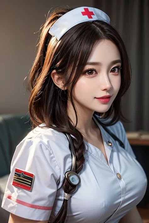 (1 Ultimate Beautiful Mature Nurse)、hyperdetailed face、Detailed lips、detailed eyes、double eyelids、((brunette bob hair))、(nurses uniform:1.3)、(Glamorous body)、(Huge breasts)、smile、thighs thighs thighs thighs, Perfect fit, Perfect image realism, Background w...