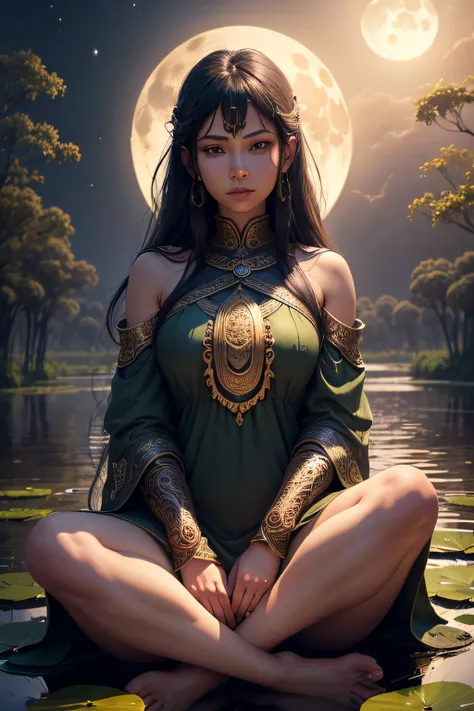 god ghanesha, many hands hold all weapon, sit on a big lotus, swamp background, realistic skin, budha dress, aestetic atmosphere, at night with ((full moon)), sturdy ascetic body, hight quality,