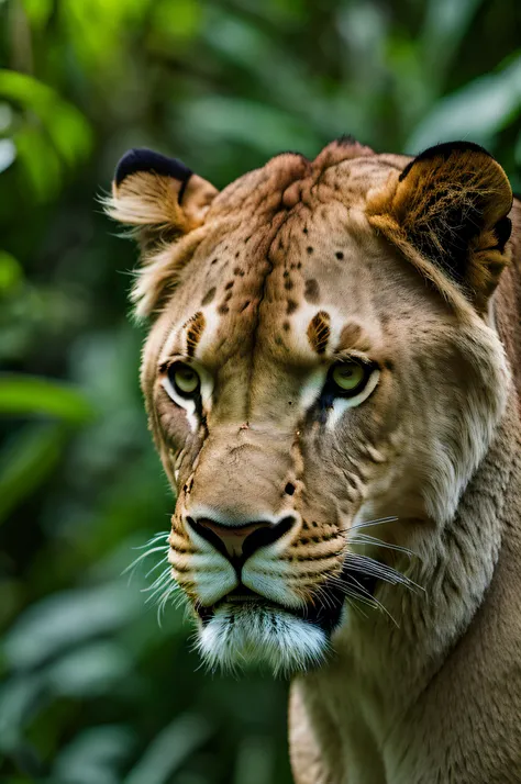 Symmetrical close-up portrait of high geographical nationality in the green jungle of an expressive lioness, anamorphic lens, ultra-realistic, hiper-detalhado, green core, Jungle Core – AR 16:9 –q 2 –v 5