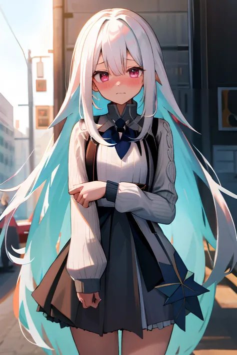 One girl with long hair, white hair, looking at viewer, embarrassed, blushing, :/, outdoor, sweater, long sleeves, black hight waist skirt, thigh, arms in chest