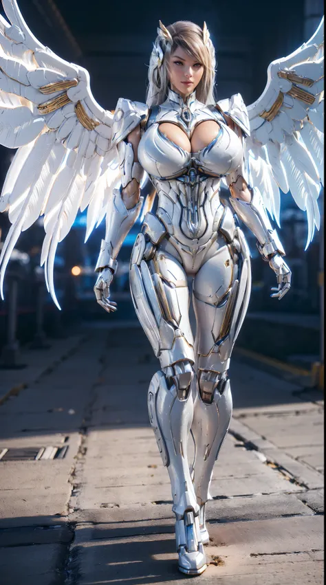 (PHOENIX HEAD), HUGE FAKE BOOBS, (BEAUTIFUL FACE), (BLUE, WHITE, GOLD), (((A PAIR OF HUGE MECHANICAL WINGS SPREAD OUT))), FUTURISTIC PHOENIX MECHA SUIT, (CLEAVAGE), (SKINTIGHT YOGA PANTS), (HIGH HEELS), (PERFECT BODY:1.2), (FULL BODY VIEW), FRONT, (WALKING...