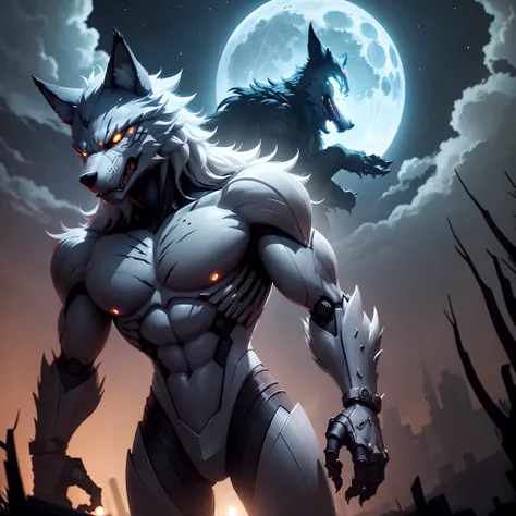 robotic werewolf in the night sky