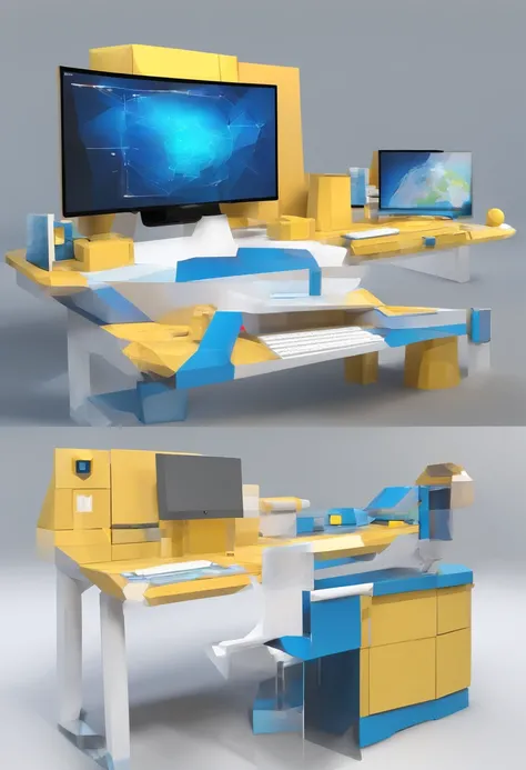 a working desk with pc, designer tools, and some toys, the screen on the PC displays mobile apps, make the style more futuristic but keeping it simple, clay render, white and blue and yellow