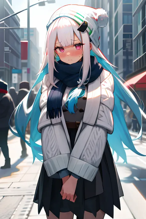 One girl with long hair, white hair, looking at viewer, embarrassed, blushing, :/, outdoor, sweater, long sleeves, black hight waist skirt, thigh, arms in chest, christmas, beanie, shawl