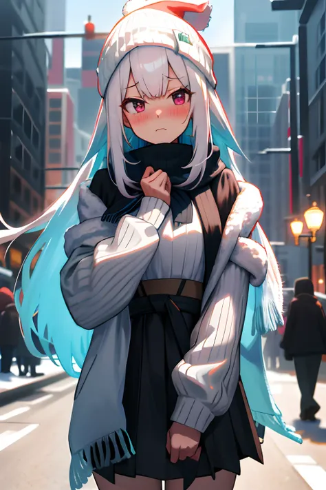 One girl with long hair, white hair, looking at viewer, embarrassed, blushing, :/, outdoor, sweater, long sleeves, black hight waist skirt, thigh, arms in chest, christmas, beanie, shawl