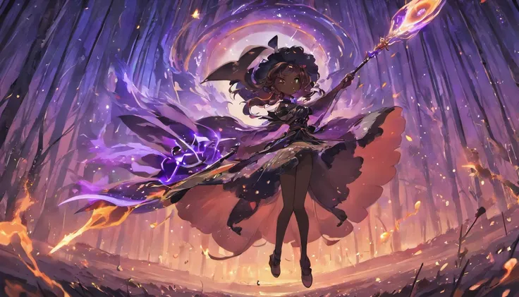 "(best quality,ultra-detailed),witch girl,black skin,purple eyes,anime style,detailed costume,long hair,flying broomstick,spell book,magic in the air,full moon,nighttime atmosphere,dark and mysterious,glowing potions,enchanted forest"