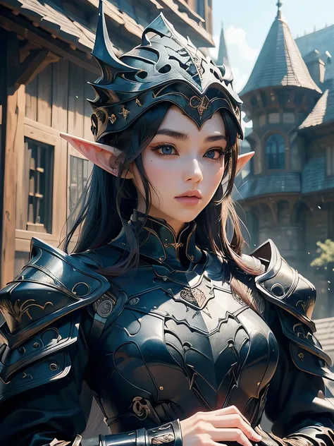 hightquality、hight resolution、​masterpiece、foco nítido、lighting like a movie、Photorealistic portrait of stunningly beautiful elf woman、bustshot、Focus from the chest up、detailed symmetric realistic face、Highly detailed natural textures、glistning skin、Black ...