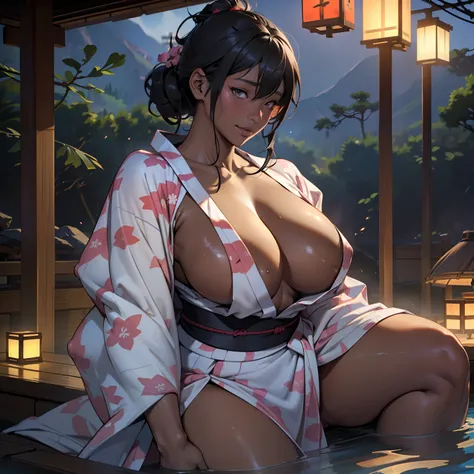 there is woman that is in onsen,(((A MILF: 1.4))), (Curvy:1.35),(((Dark skin))),Curvy physique,, Thick body，((big nipple)),((Completely naked)), (((breasts out of yukata))),((Transparent yukata)),(open legs),((pubic hair)), high-end onsen, Onsen, sakimicha...