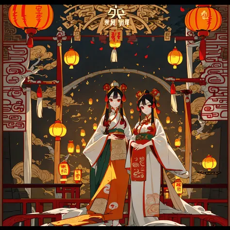 Three girls in colorful dresses standing on the bridge，full bodyesbian，Mid-range vision， Princesa chinesa antiga, ancient asian dynasty princess, Wearing ancient Chinese clothes, China Princess, palace ，Girl in Hanfu, ancient china art style, Chinese dress...