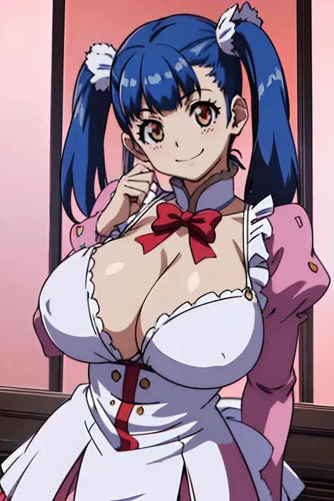 (breasts forcus:1)、(high-level image quality、masutepiece、hight resolution、4K,8K,Official art:1.1),Blue hair,Orange Eyes,Twin tail,(Huge breasts:1.2),tusk,azulejo_(gravity),two side up,All Crosses,Red ribbons、white frills、Pink skirt,(Happy smile:1.1)