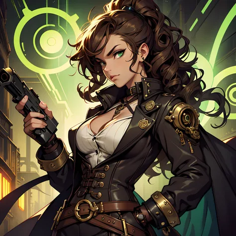 Badass Woman. Green aura. Venenous Steampunk Gun. Steampunk Style. Dark Style. Long Curly Brown Hair. Very Curly Hair