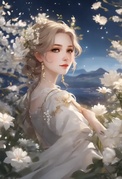 Genshin game character empty，Character screen of Genshin game，Hand in hand，full bodyesbian，In a sea of white flowers，A small city floats above，the night，starrysky，Two golden meteors streak over the characters head