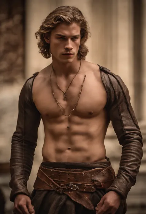 muscular hairy man stripping out of 18th century men’s clothes. Big bulge, hairy chest. Sweaty pectorals. Realistic anatomy. The face of Joe Alwyn.