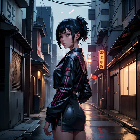 An otako-style girl on a cyberpunk street looking back, Realistic image full HD images of award-winning cinema atmospheric lighting 8k