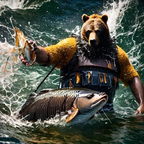 (best quality,alto),A boy fishing for salmon in Alaska, Na margem do rio, um urso gigantesco perseguindo o pescador, Dramatic lighting and intense atmosphere, cores vibrantes, Detailed representation of mans fishing equipment and bear skin, Estilo fotorrea...