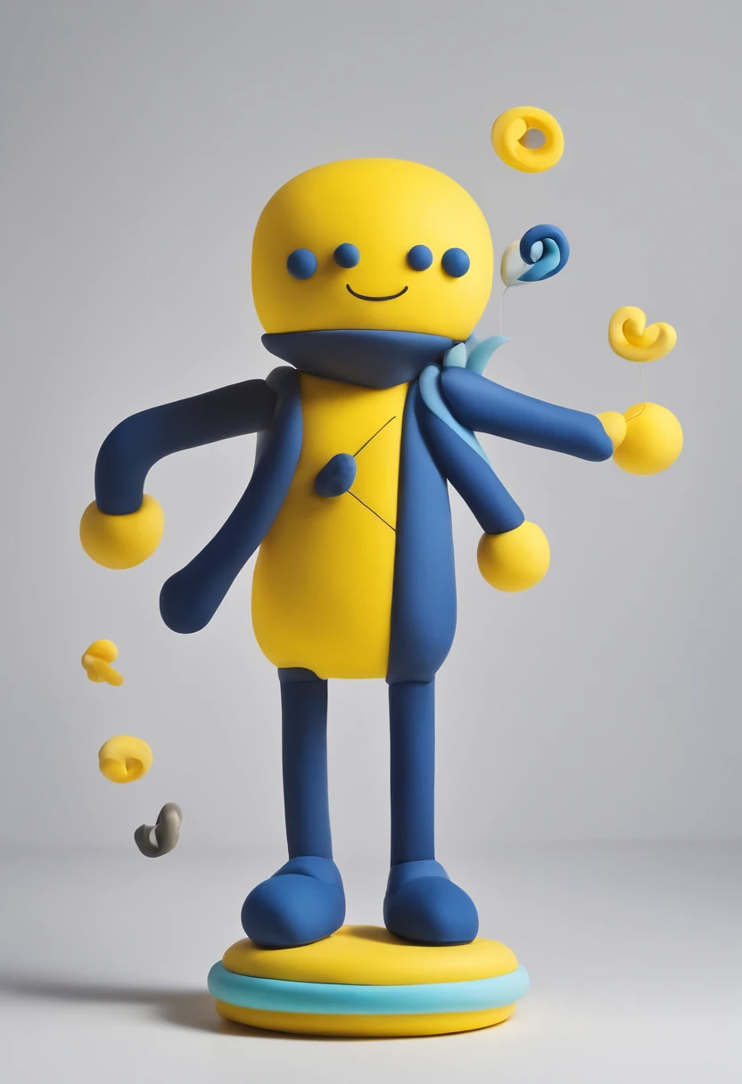 (a characters floating in the air), a mascot for technology brand, yellow navy grey white, simple form, simple lightning, cute, simple shade, technology graphic, technology pattern