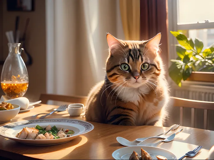 A round-eyed cat sits at the dining table, There was a plate of braised fish on the table, Sunlight outside the window..