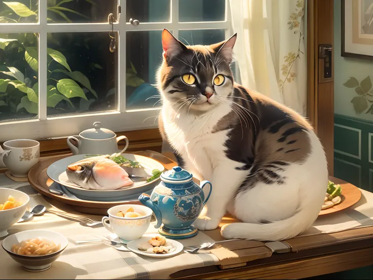 A round-eyed cat sits at the dining table, There was a plate of steamed fish on the table, Sunlight outside the window..