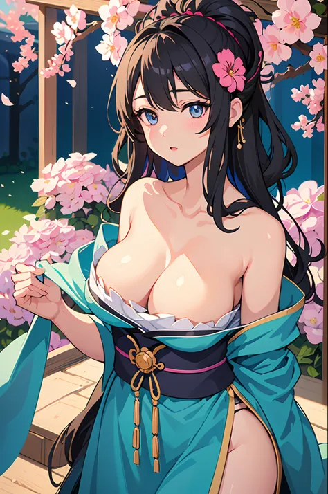 (Masterpiece:1.2, Best quality), cleavage，Large breasts，(fine detailed beautiful eyes: 1.2), 1girll, (komono:1.3), Large breasts, Bare shoulders, flowers and petals, Beautiful concept illustration, (White background:0.5), (illustration:1.1), (Extremely fin...