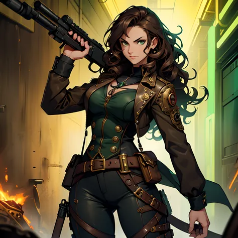 Badass Woman. Dark Green aura. Venenous Steampunk Gun. Steampunk Style. Dark Style. Long Curly Brown Hair. Very Curly Hair. Dark Green aura. Venenous Aura. Sniper Steampunk Gun. Alone