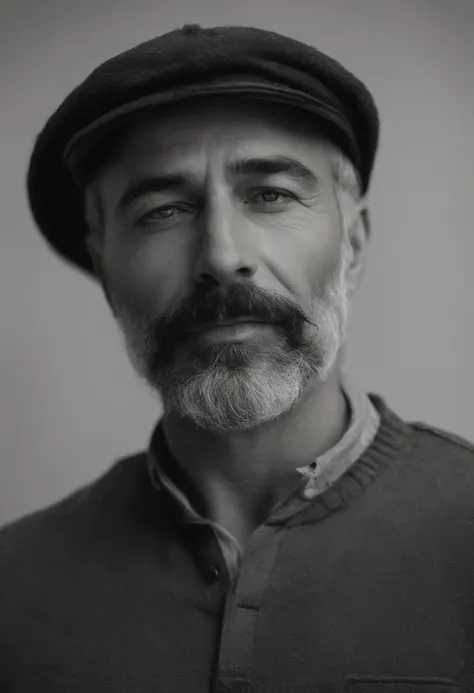 An incredibly handsome and sexy 37-year-old with short dark black hair and brown eyes, angular jaw, Face of the box, barbe de chaume, Grand et maigre, wear a casual shirt and cap. Dark grey background and studio lighting, Installation of the directory, Gro...