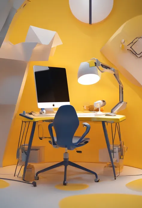 (a futuristic working desk floating in the air), yellow navy grey white, simple form, simple lightning, cute style, simple shade, technology element, cartoony, pc desktop, keyboard, mouse, chair, working desk, controller