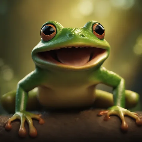 Close up of cartoon character with big smile, Concept art by Andrew Ferres, behance contest winner, pop surrealism, Award-winning creature portrait, Frog fork, full color illustration, anthropomorphic creature, Humanoid Frog Monster, nffsw, epic full color...