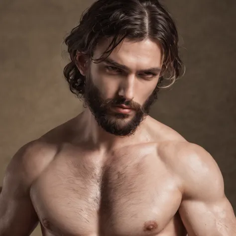 muscular hairy man stripping naked out of wet 18th century clothes. Big penis, chest hair, seeaty body. Realistic anatomy.