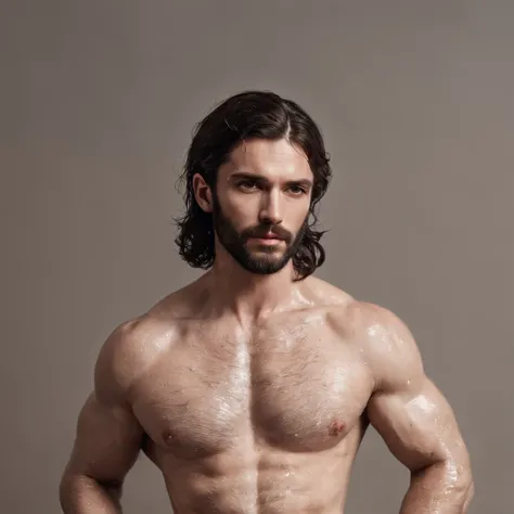 muscular hairy man stripping naked out of wet 18th century clothes. Big penis, chest hair, seeaty body. Realistic anatomy.