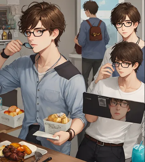 Create a brunette boy character who wears glasses