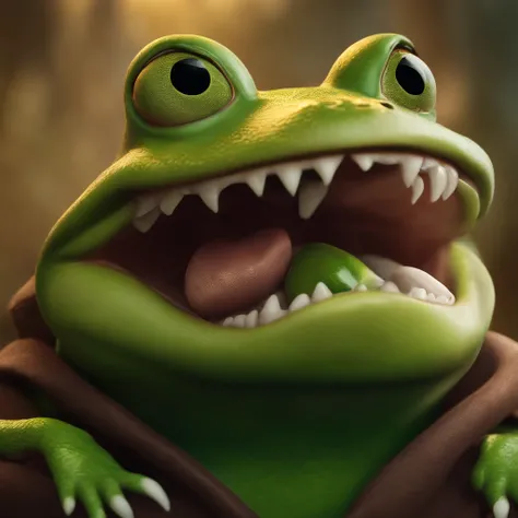 Close up portrait of cartoon character with big smile, Concept art by Andrew Ferres, behance contest winner, pop surrealism, Award-winning creature portrait, Frog fork, full color illustration, anthropomorphic creature, Humanoid Frog Monster, nffsw, epic f...