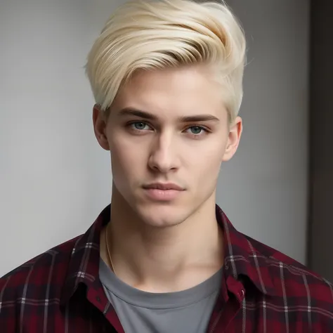 Rapaz loiro com uma camisa xadrez e olhos azuis posando para uma foto, long swept back blond hair, Blonde and attractive features, rapaz loiro, extremely pale blond hair, cabelos loiros limpos, pale hair, blond British boy, cara loiro, Cute young pale, mod...