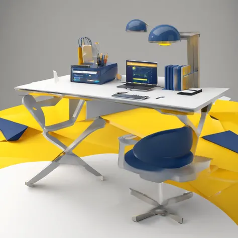 (a futuristic working desk floating in the air), yellow navy grey white, simple form, simple lightning, cute style, simple shade, technology element, cartoony, pc desktop, keyboard, mouse, chair, working desk, controller, white background, fine shape, fron...