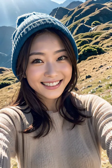 (Upper body selfie:1.3),Winter climbing,With a superb view from the summit in the background,Beautiful sunrise,Remove the beam from above,Backlighting,Generate images of beautiful women around the world,Especially while reflecting elements of Western beaut...