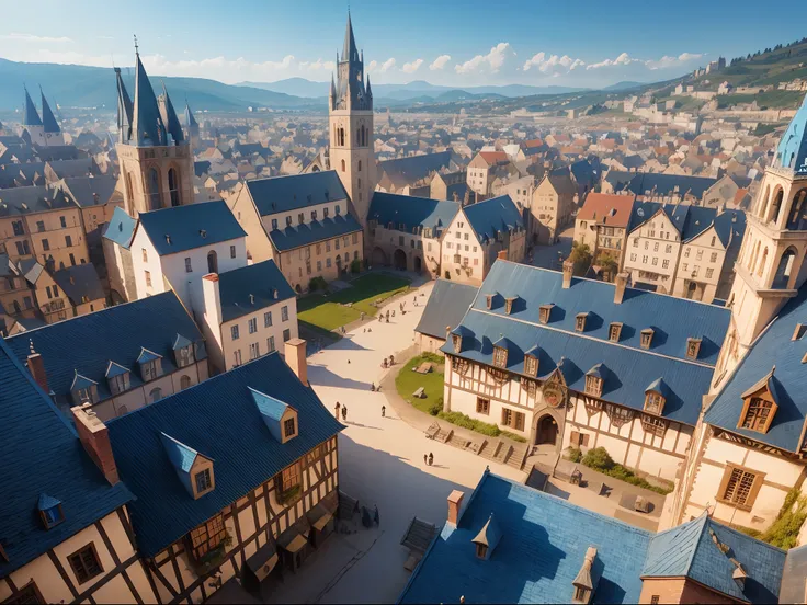 extreme detail, medieval town, buildings, blue roofs, people, fantasy creatures, high resolution