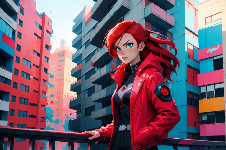 a woman with red hair and a blue jacket standing on a balcony, digital cyberpunk anime art, alena aenami and artgerm, style of alena aenami, redhead female cyberpunk, inspired by Alena Aenami, cyberpunk anime girl, cyberpunk art style, anime cyberpunk art,...