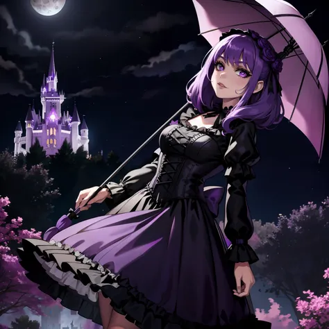 gothic lolita surrounded by purple fairy flame under a moonlit castle, purple hair, using an umbrella