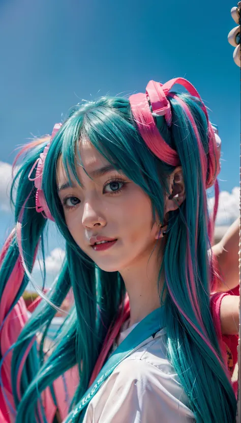 "Hatsune Mikus brightly multicolored hair, Full of color and energy."