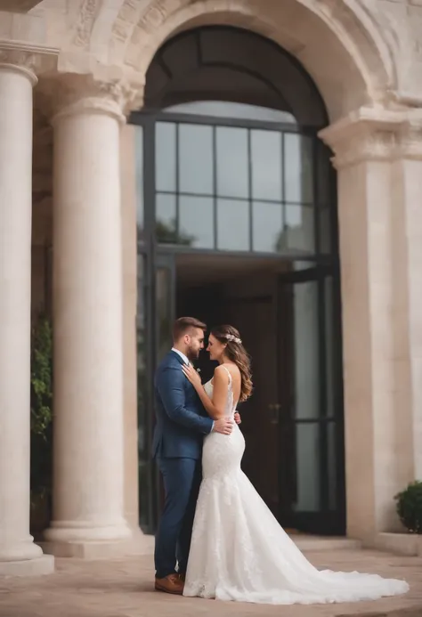 the bride and groom facing the front from a luxury building